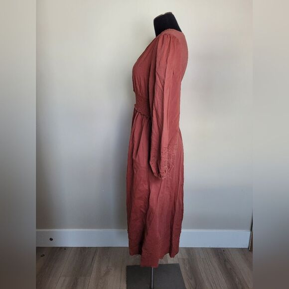 Old Navy Cottagecore Midi Dress Brick Red Long Sleeve Smocked Peasant Medium - Picture 3 of 15